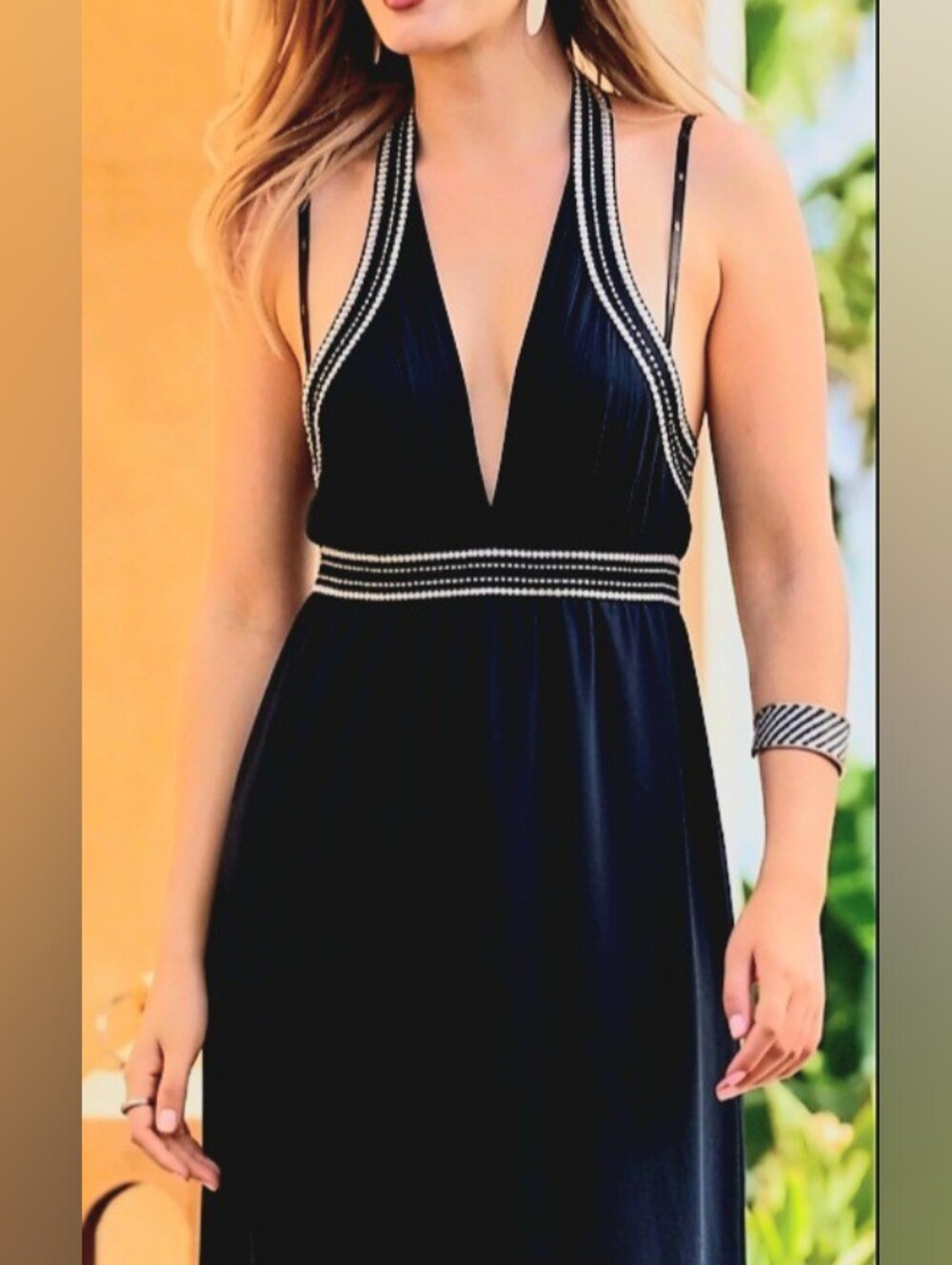 OLEG CASSINI DESIGN Navy Halter Evening Gown with Rhinestone Trim. NWOT Size S